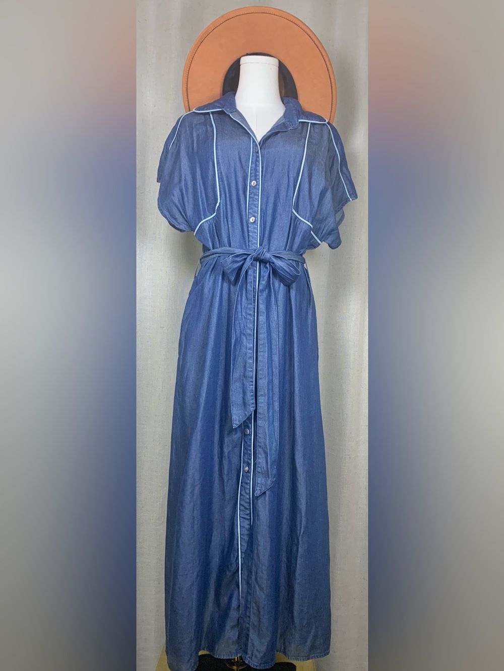 THML NEW Denim Maxi Dress M Blue Western Boho Piped Button Front Belted